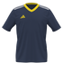 A navy blue short-sleeved Adidas jersey featuring a yellow V-neck collar, a yellow performance logo on the chest, and three white stripes on the shoulders.