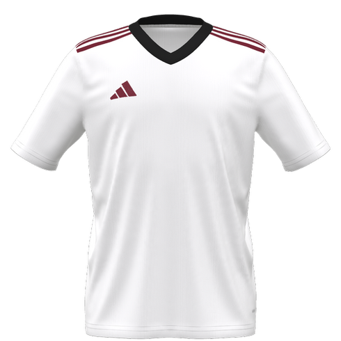 White Adidas soccer jersey with a black V-neck, maroon stripes on the shoulders, and a maroon Adidas logo on the chest.