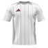 A white Adidas soccer jersey featuring thin maroon and grey vertical pinstripes, grey side panels, and a maroon Adidas logo on the chest.