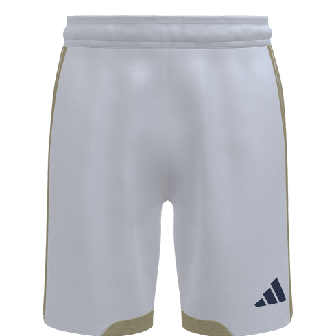 Light grey Adidas athletic shorts featuring gold side stripes, curved gold hem panels, and a navy blue logo on the lower right leg.