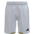 Light grey Adidas athletic shorts featuring gold side stripes, curved gold hem panels, and a navy blue logo on the lower right leg.
