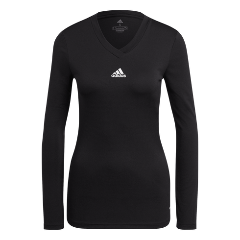 A black long-sleeved Adidas v-neck athletic shirt with a small white logo centered on the chest.