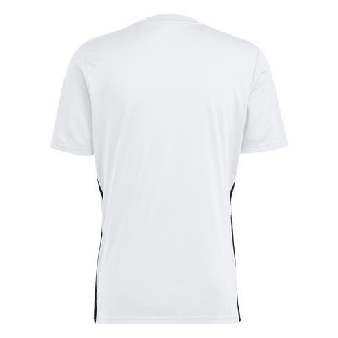 Back view of a white short-sleeved athletic t-shirt with thin black vertical stripes along the sides.