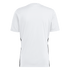 Back view of a white short-sleeved athletic t-shirt with thin black vertical stripes along the sides.