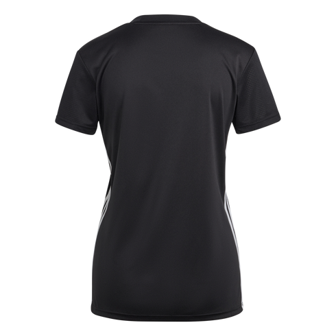 Back view of a black short-sleeve athletic jersey with white side stripes, on a plain white background.
