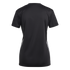 Back view of a black short-sleeve athletic jersey with white side stripes, on a plain white background.