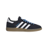 Profile view of an Adidas Spezial sneaker with a navy blue suede upper, three white stripes, light blue laces, and a gum rubber sole.