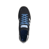 Top-down view of a black adidas Handball Spezial sneaker with light blue laces and white stripes, set against a black background.