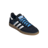 Adidas Handball Spezial sneaker featuring a navy suede upper, white serrated stripes, bright blue laces, and a classic gum rubber sole.