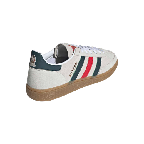 Off-white Adidas Spezial sneaker with green and red stripes and a gum sole. Rear three-quarter view shows a Mexican football crest on the green heel tab.