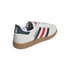 Off-white Adidas Spezial sneaker with green and red stripes and a gum sole. Rear three-quarter view shows a Mexican football crest on the green heel tab.