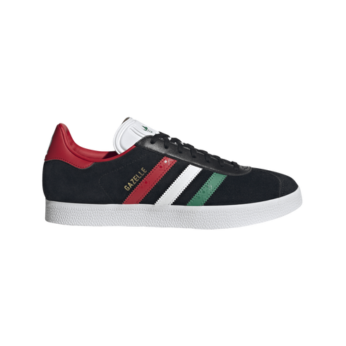 Adidas Gazelle sneaker featuring a black suede upper with red, white, and green stripes, a red heel tab, and a white textured sole.