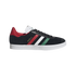 Adidas Gazelle sneaker featuring a black suede upper with red, white, and green stripes, a red heel tab, and a white textured sole.