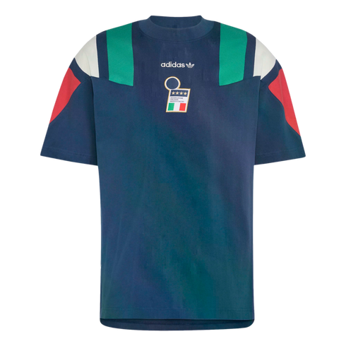 Navy blue Adidas t-shirt featuring the Italian national football team crest. The shoulders have green, white, and red color-blocked panels.