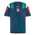 Navy blue Adidas t-shirt featuring the Italian national football team crest. The shoulders have green, white, and red color-blocked panels.