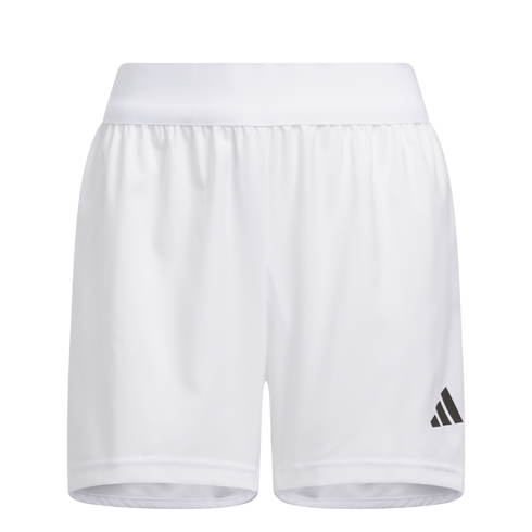 White athletic shorts with a wide elastic waistband and a small black logo on the bottom right leg.