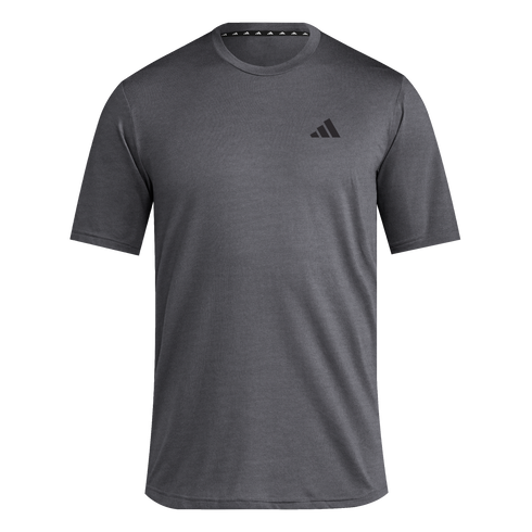 Dark grey heathered Adidas crew neck t-shirt with short sleeves and a small black logo on the left chest.