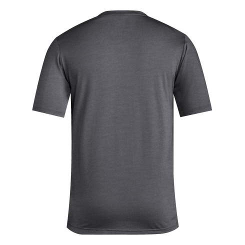 Back view of a plain charcoal grey short-sleeved crew neck t-shirt.