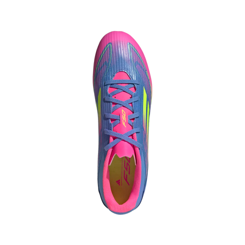 Top-down view of a colorful Adidas F50 soccer cleat featuring a blue upper with pink and lime green accents, blue laces, and a pink tongue.