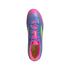 Top-down view of a colorful Adidas F50 soccer cleat featuring a blue upper with pink and lime green accents, blue laces, and a pink tongue.