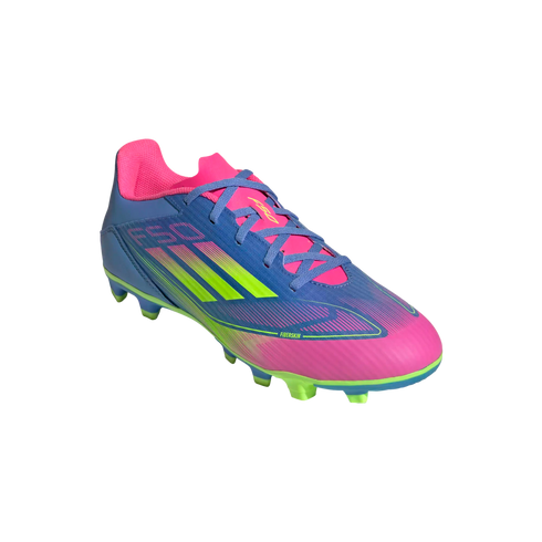 A vibrant blue, pink, and lime green Adidas F50 soccer cleat with a spiked soleplate.