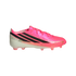 Side profile of a vibrant pink Adidas soccer cleat with three black stripes, gold accents, and a translucent white studded sole.