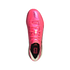 Top-down view of a bright pink Adidas F50 soccer cleat against a white background, featuring pink laces and black branding on the insole.