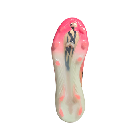 Soleplate of a pink and white soccer cleat with pink studs and a translucent heel, centered on a white background.