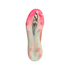 Soleplate of a pink and white soccer cleat with pink studs and a translucent heel, centered on a white background.