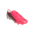 A bright pink Adidas F50 soccer cleat with three black diagonal stripes on the side, set against a plain white background.