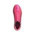 Top-down view of a vibrant pink Adidas F50 soccer cleat with pink laces and black accents, isolated on a white background.