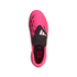 Top-down view of a bright pink Adidas soccer cleat with a black laceless shroud and white logo, set against a white background.