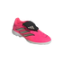 A bright pink Adidas Predator soccer shoe with a black fold-over tongue, silver stripes, and a white sole.