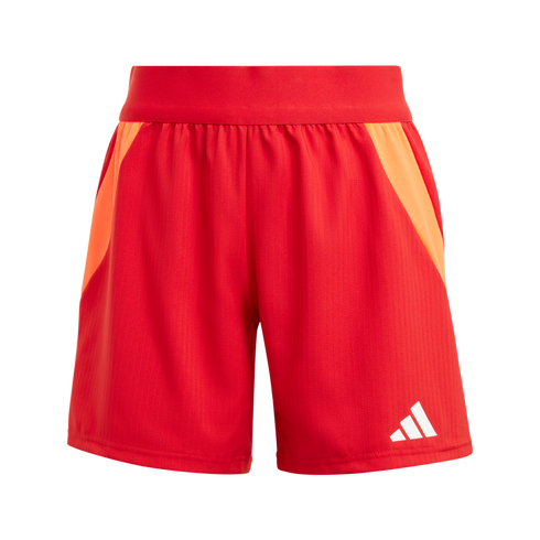 Red athletic shorts with orange side panels and a white Adidas logo on the lower left leg, set against a black background.