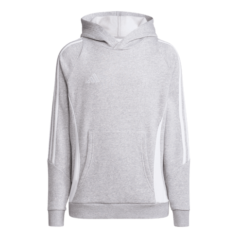 Light gray Adidas hoodie featuring white sleeve stripes, a small white chest logo, white side panels, and a front kangaroo pocket.