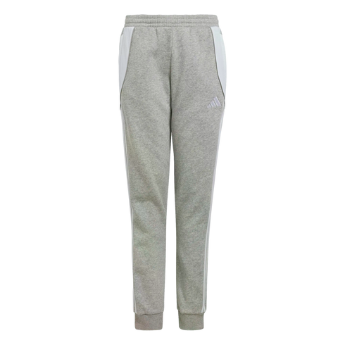 Front view of grey Adidas track pants with white side panels, signature three-stripes down the legs, an elastic waistband, and ribbed ankle cuffs.