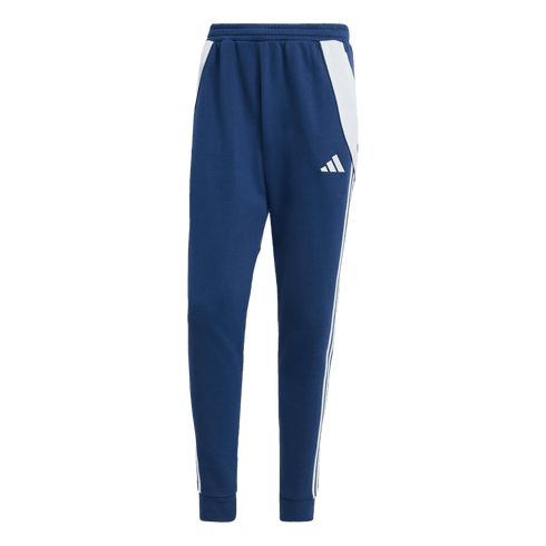 Dark blue Adidas track pants with white hip panels, side stripes, an elastic waistband, and cuffed ankles.