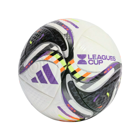 An Adidas soccer ball for the Leagues Cup featuring white panels with black, purple, orange, and lime green graphics and logos.