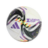 An Adidas soccer ball for the Leagues Cup featuring white panels with black, purple, orange, and lime green graphics and logos.
