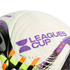 A close-up of a white soccer ball featuring the purple "LEAGUES CUP" logo and name, accented with black, green, and orange patterns on its dimpled surface.