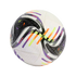 A white soccer ball with black paneling and colorful purple, orange, and lime green diagonal stripes throughout, set against a solid black background.