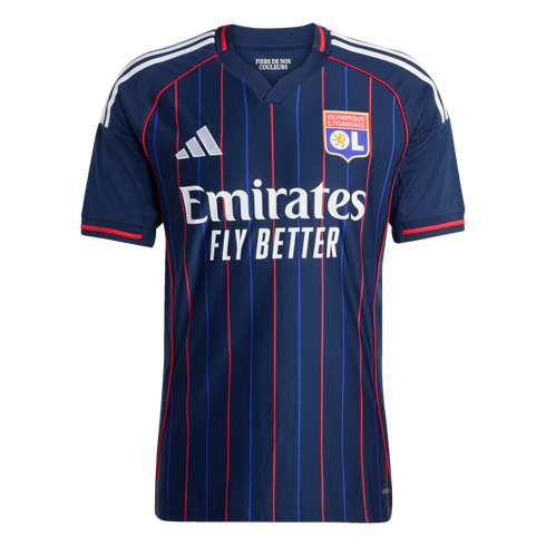 Dark blue Olympique Lyonnais jersey with red and blue vertical pinstripes, featuring the Adidas logo, club crest, and "Emirates FLY BETTER" sponsor.
