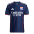 Dark blue Olympique Lyonnais jersey with red and blue vertical pinstripes, featuring the Adidas logo, club crest, and "Emirates FLY BETTER" sponsor.