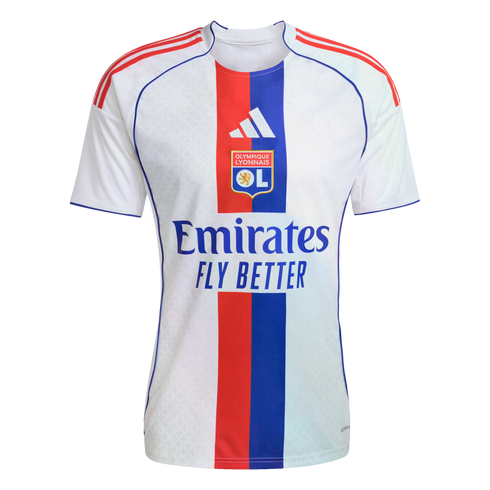 White Olympique Lyonnais soccer jersey with a central red and blue vertical stripe. Includes team crest, Adidas logo, and blue "Emirates FLY BETTER" sponsor text.