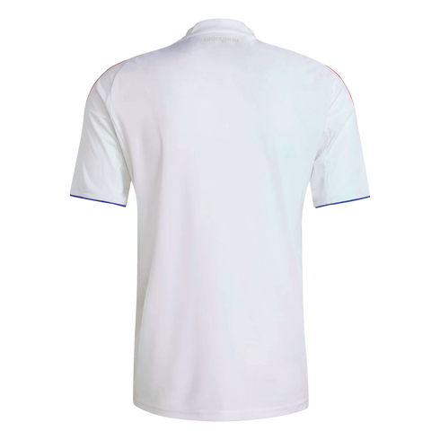 Rear view of a white short-sleeve soccer jersey with red and blue sleeve trim and gold "LUGDUNUM" text on the back collar.