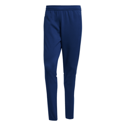 Navy blue slim-fit athletic pants with thin white side stripes, displayed on a plain white background.