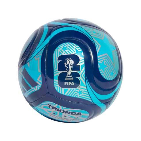 A blue and light blue Adidas soccer ball featuring geometric star patterns, the FIFA World Cup trophy, and "26" branding.