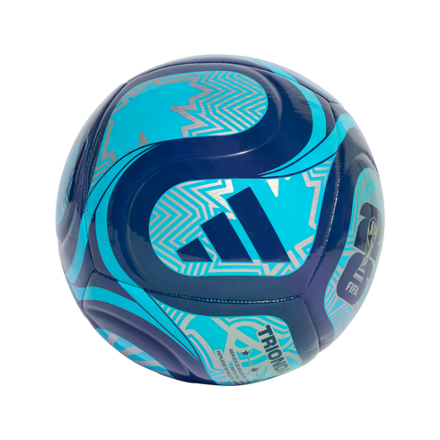 A navy and cyan Adidas soccer ball with silver zig-zag patterns and the FIFA logo, isolated on a black background.