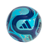 A navy and cyan Adidas soccer ball with silver zig-zag patterns and the FIFA logo, isolated on a black background.