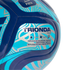 Close-up of a blue and turquoise soccer ball with silver patterns. Text reads "TRIONDA CLUB" and "MATCH BALL REPLICA" alongside FIFA, star, maple leaf, and lion head logos.